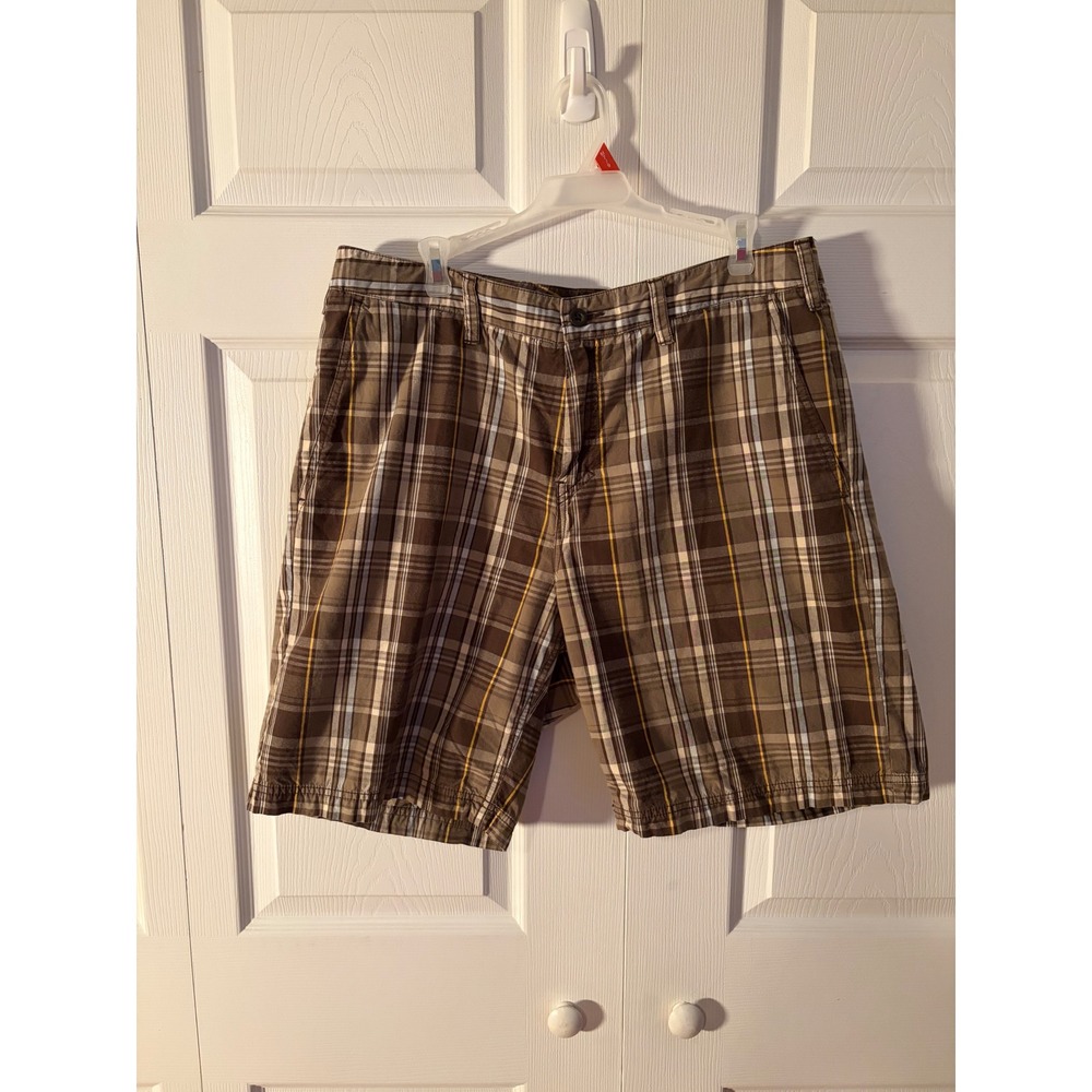 Croft & Barrow Mens Brown Plaid Flat Front Cotton Shorts Size 34 Casual Summer